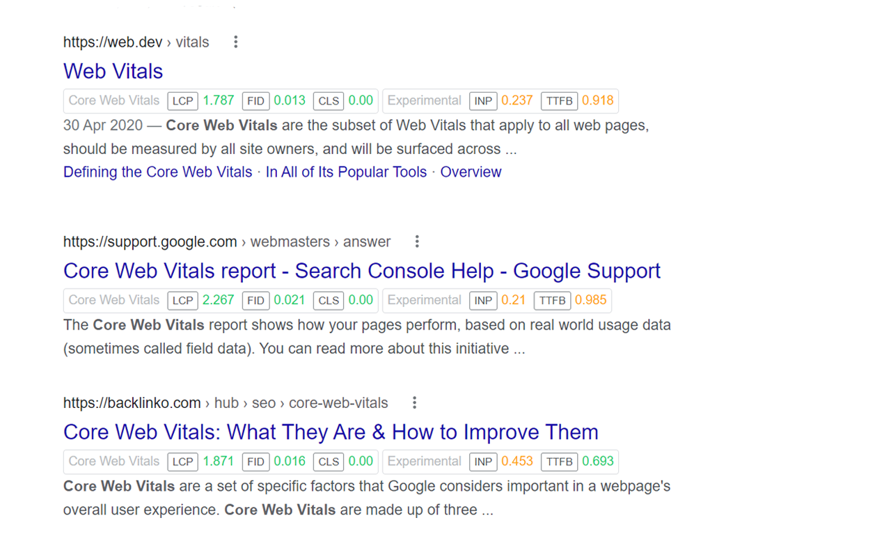 Image showing the core web vitals metrics in the google search results.
